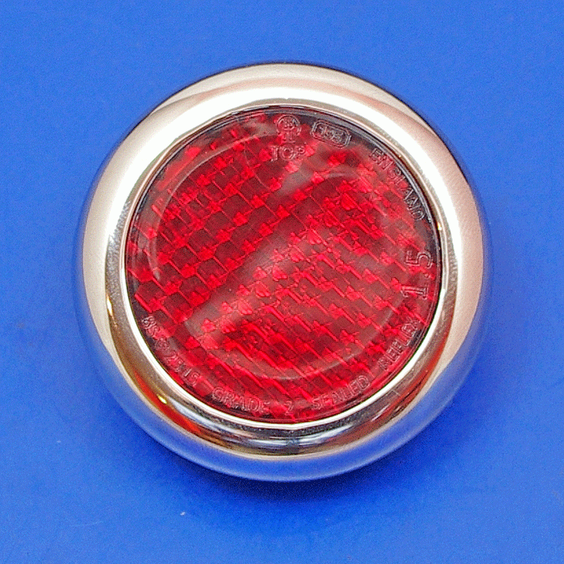 Round red reflector with deep plated surround as Lucas type RER25