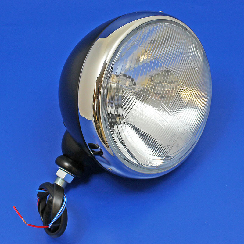 Headlamp unit - black body, chrome rim - 7" - 6 volt