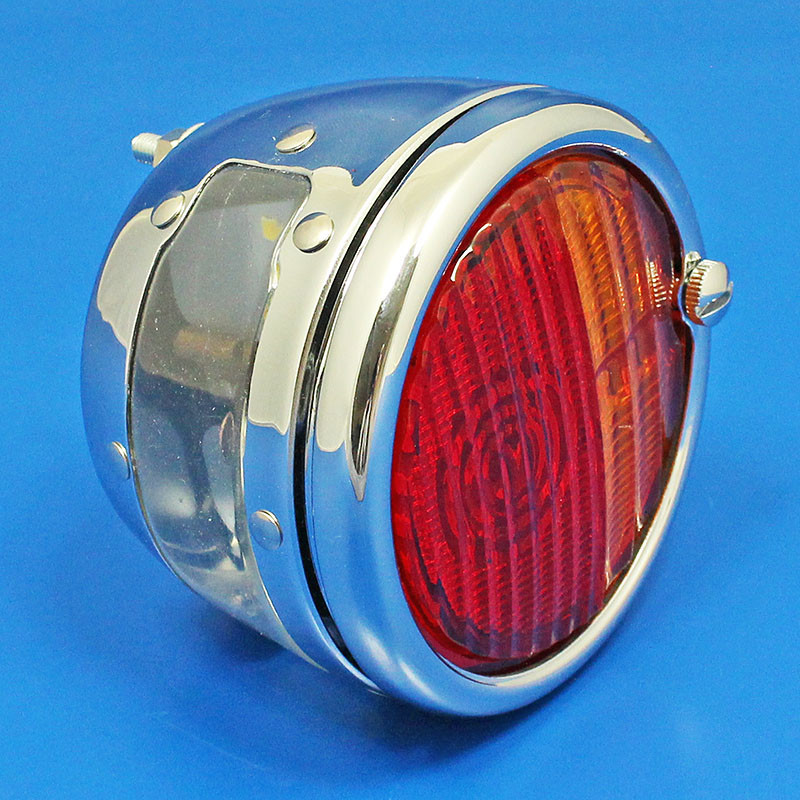 Round rear lamp LED (equivalent to the Lucas ST38/'Pork Pie') with INDICATOR conversion - Chrome with Number Plate window - FITTED LED LIGHT BOARD