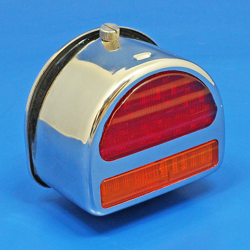 Rear 'D' lamp LED (equivalent to the Lucas ST51 lamp with split lens) with INDICATOR conversion - Chrome finish - Fitted LED light Board